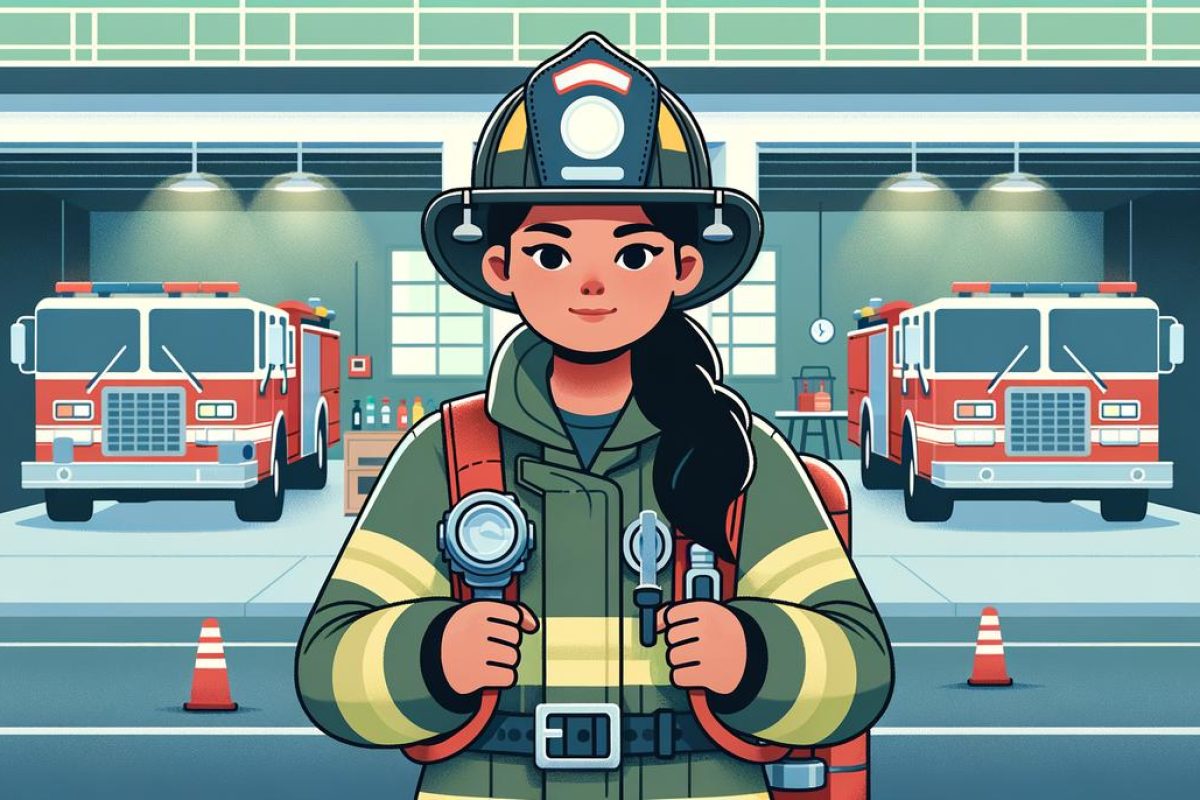 Un pompier en uniforme éteint un incendie avec une lance à incendie, entouré de fumée et de flammes.