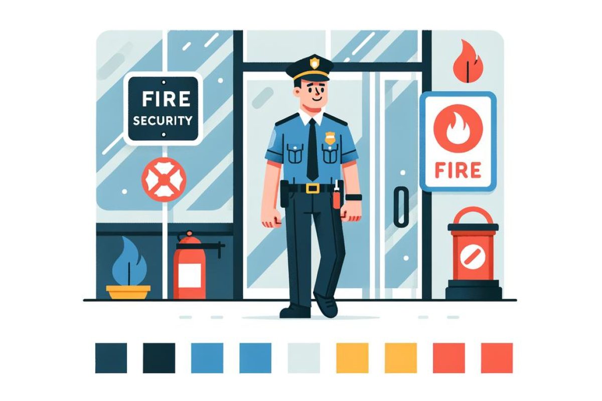Un agent SSIAP vérifie un extincteur dans un centre commercial, assurant la sécurité incendie et l'assistance aux personnes.